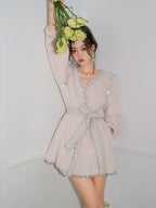 Beige V-Neck Long Sleeve Diamond Stud Coat Flowering Girl