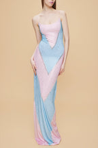 Simona Fully Rhinestoned Bodycon Maxi Dress - Blue & Pink Flowering Girl
