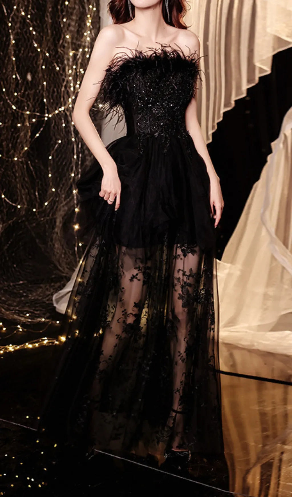 Chiyemi Black Feather Sequin Mesh Maxi Dress Flowering Girl