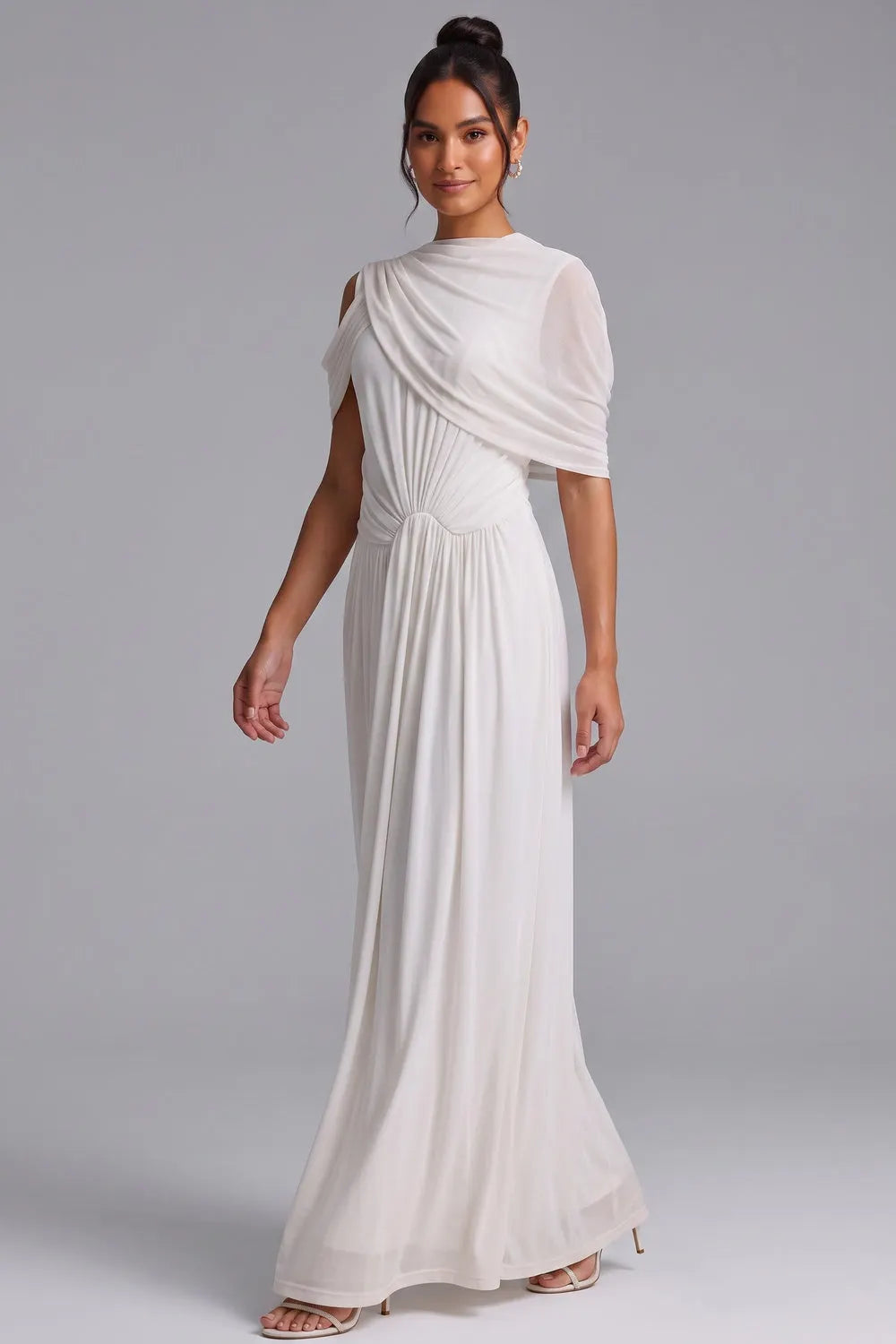 White Draped Maxi Dress with Cold Shoulder Detail Flowering Girl