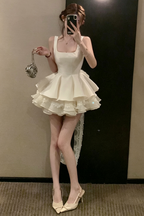 Cream Structured Satin Fit-and-Flare Mini Dress with Tiered Ruffles and Back Bow Flowering Girl
