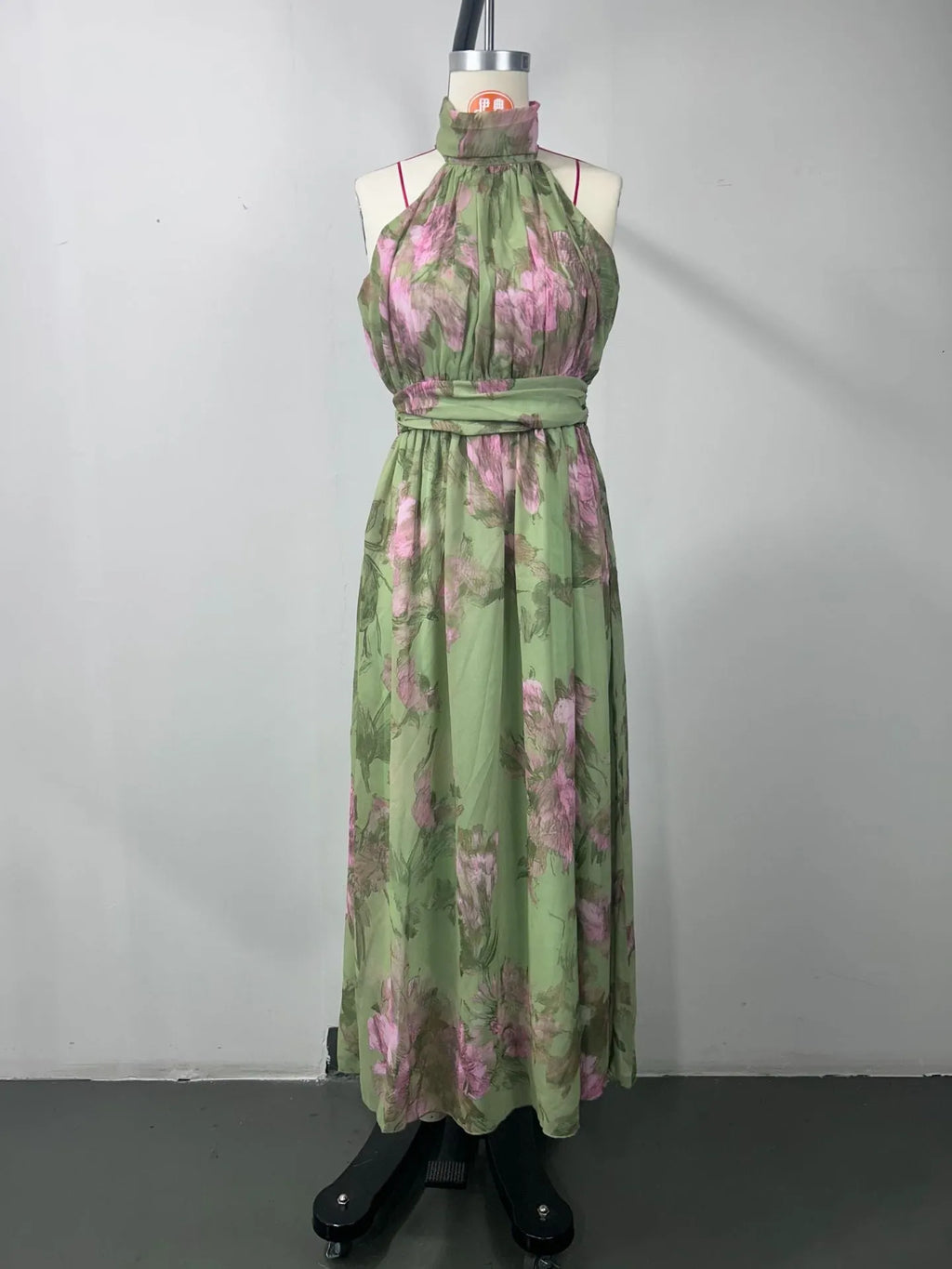 Polly Green Floral Chiffon Halter Maxi Dress Flowering Girl