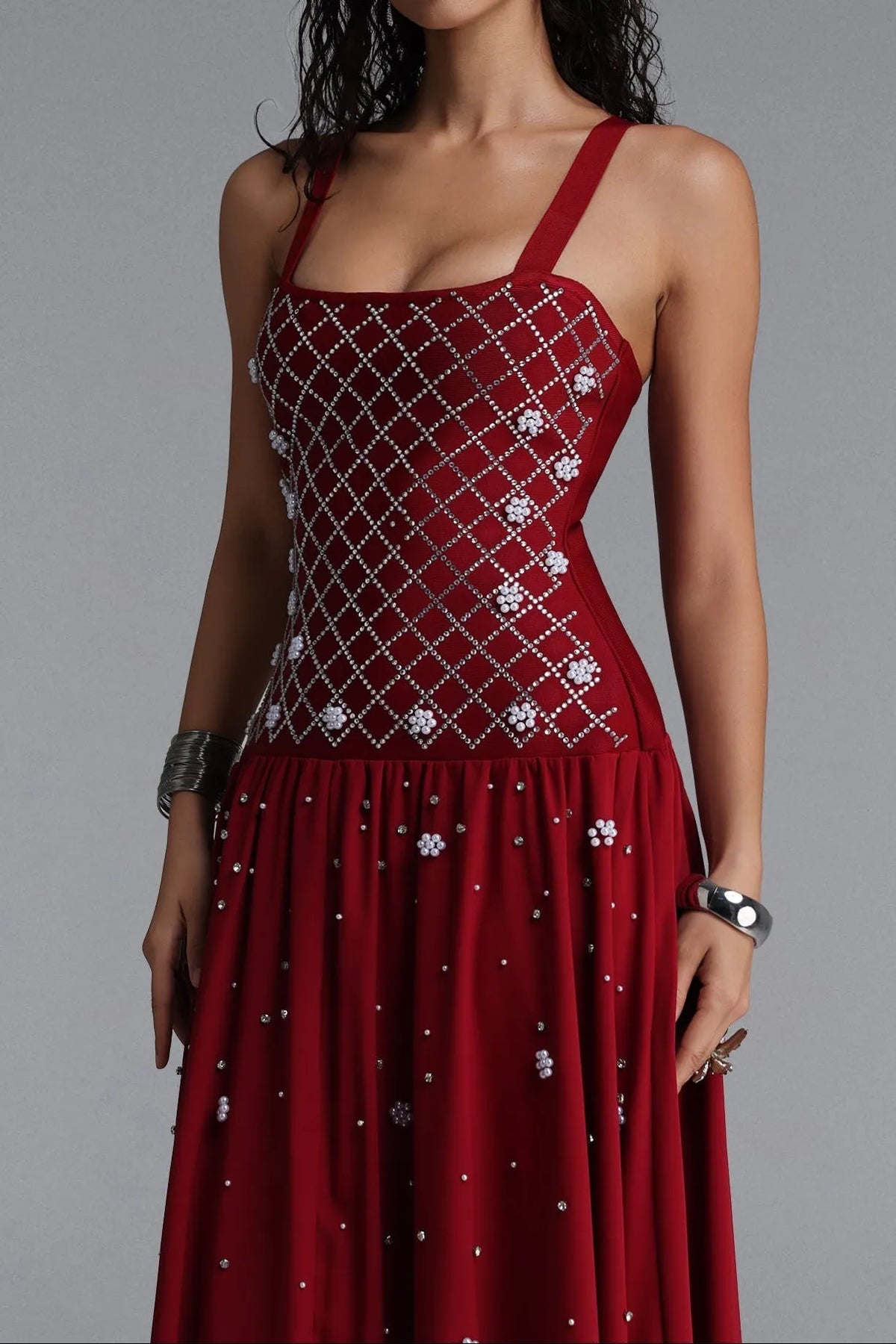 Square Strap Grid Rhinestone Pearl Flowy Maxi Dress Flowering Girl