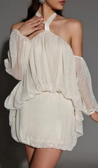 Vivien Halter Neck Fluffy Mini Backless Mini Dress In Apricot Flowering Girl