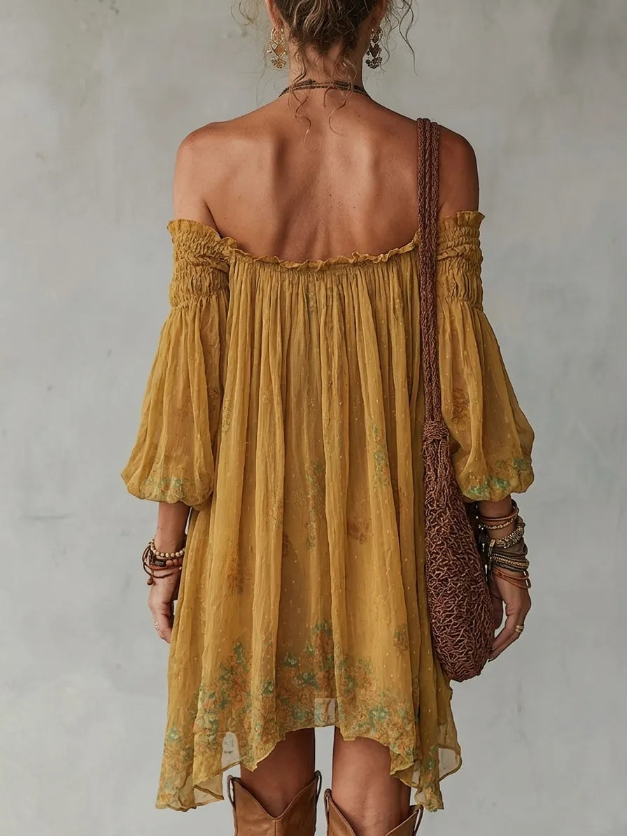 Yellow Chiffon Floral Off Shoulder Mini Dress Flowering Girl
