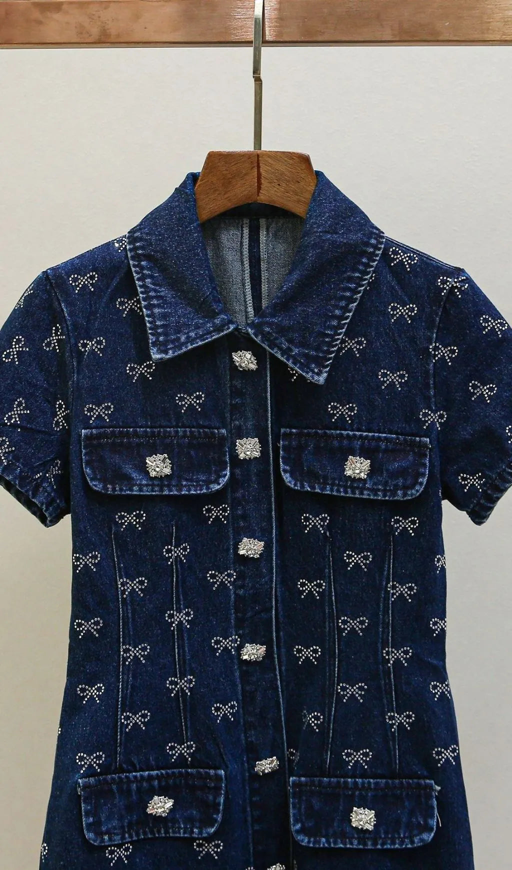 Denim Diamante Bow Collared Mini Dress Flowering Girl