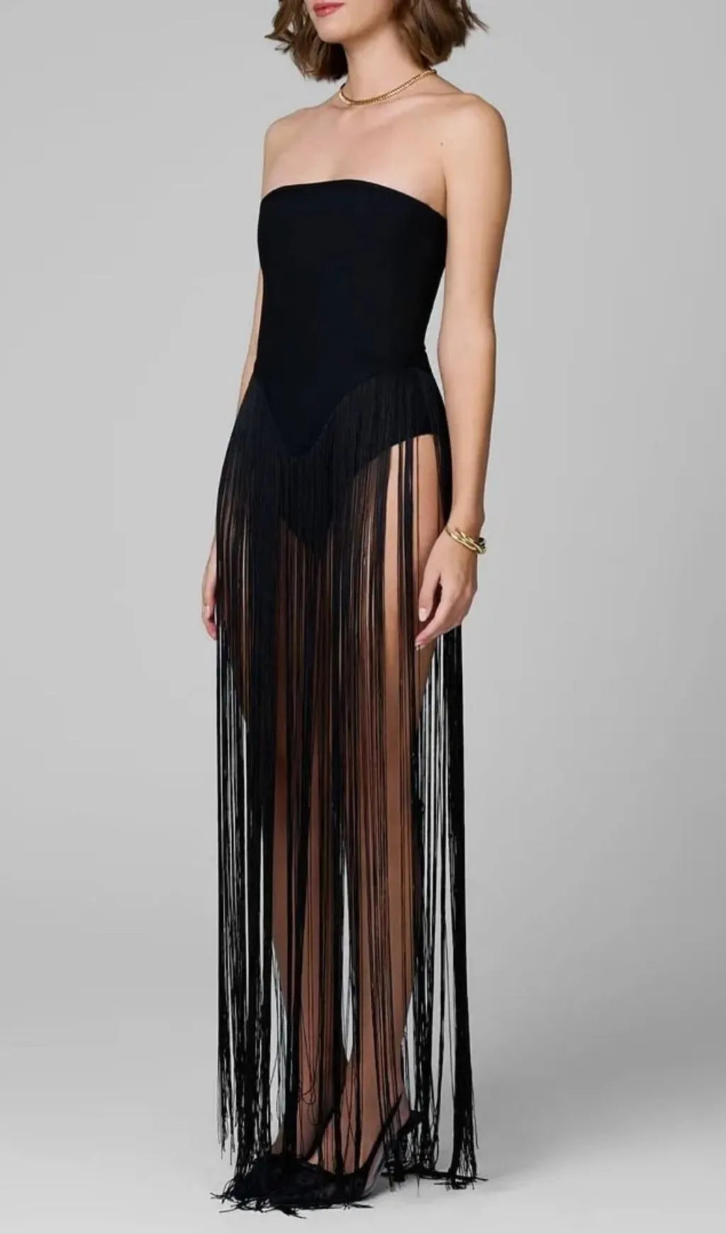 Helen Bodysuit Fringe Strapless Mini Dress In Black Flowering Girl
