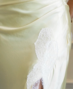 Pale Yellow Satin Column Gown with Lace Trim Flowering Girl