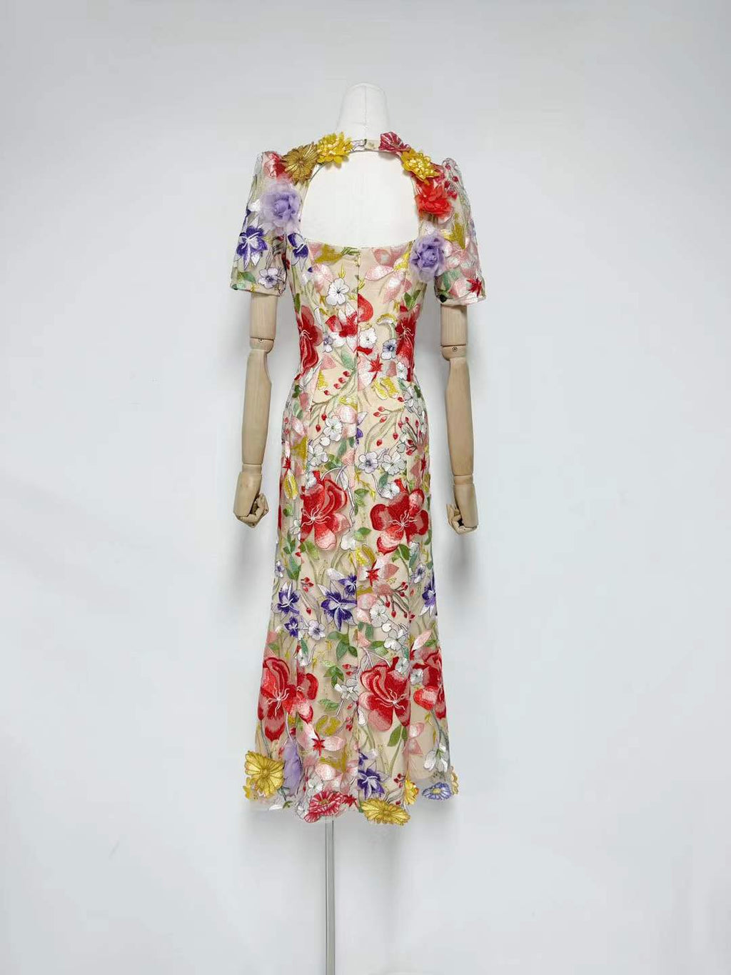 Trista Multicolor Square Neck Backless Mesh Embroidered Fishtail Maxi Dress Flowering Girl