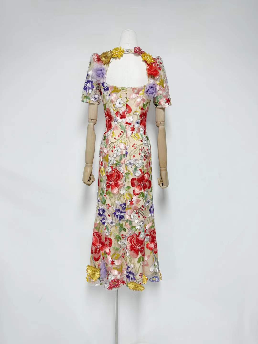 Trista Multicolor Square Neck Backless Mesh Embroidered Fishtail Maxi Dress Flowering Girl