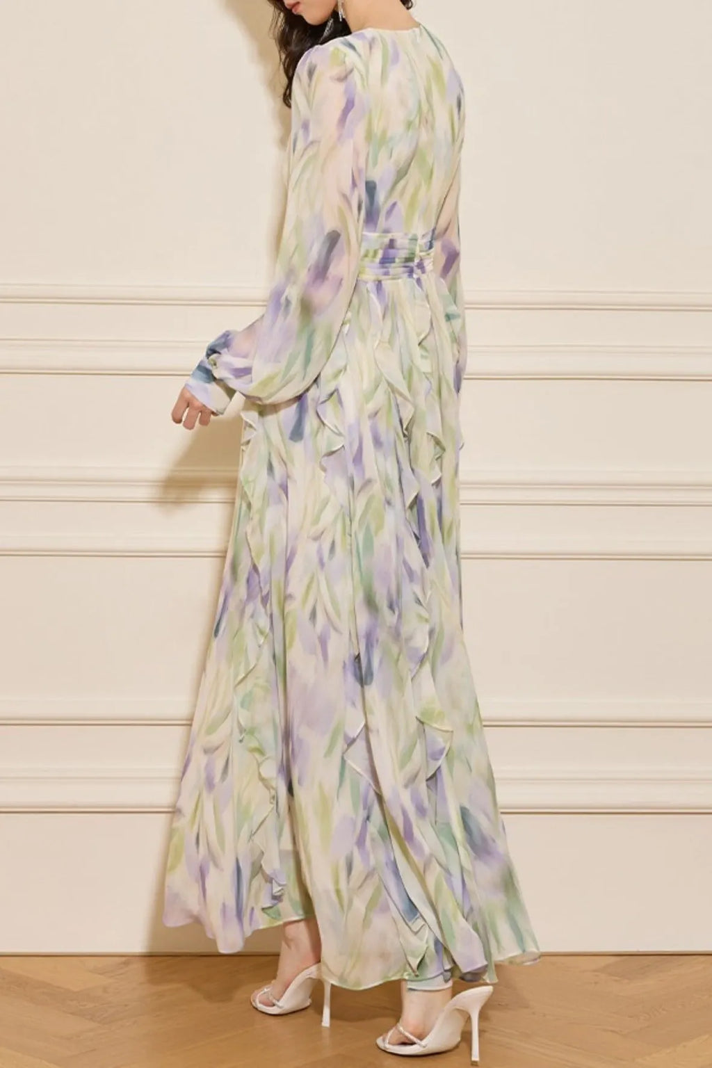 Rachel Multicolor v-Neck Floral Print Lantern Sleeve Maxi Dress Flowering Girl
