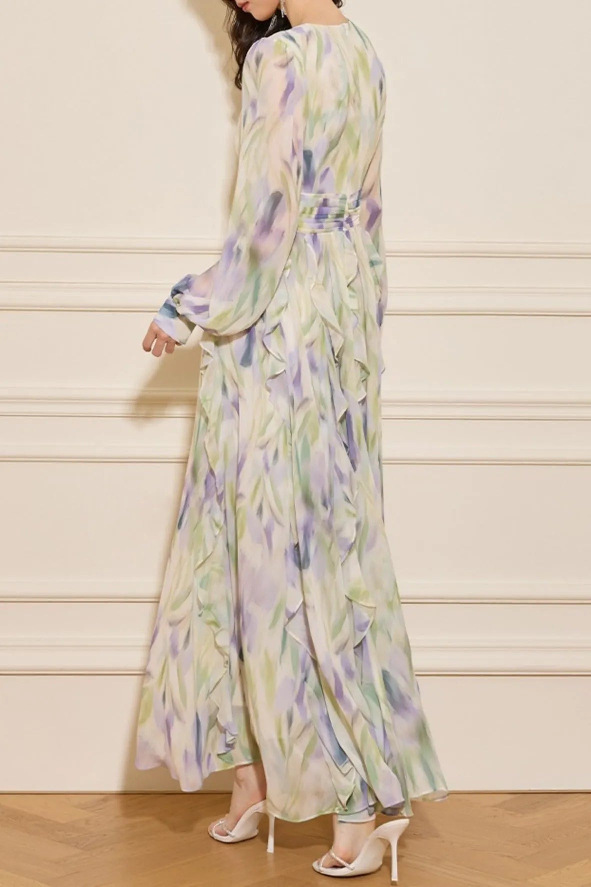 Rachel Multicolor v-Neck Floral Print Lantern Sleeve Maxi Dress Flowering Girl