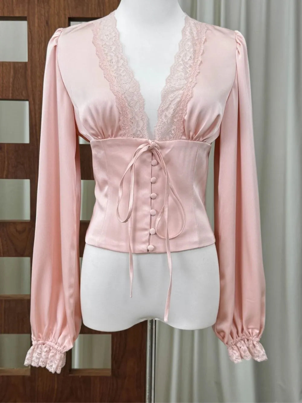 Maysa Pink Satin Lace Long Sleeve Top Flowering Girl