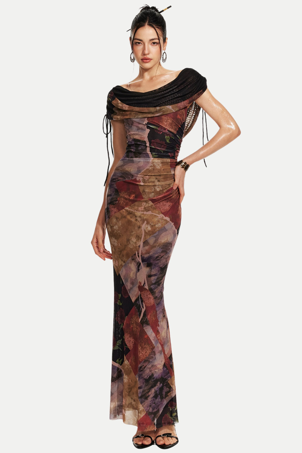 Rosala Print Mesh Off Shoulder Maxi Dress Flowering Girl