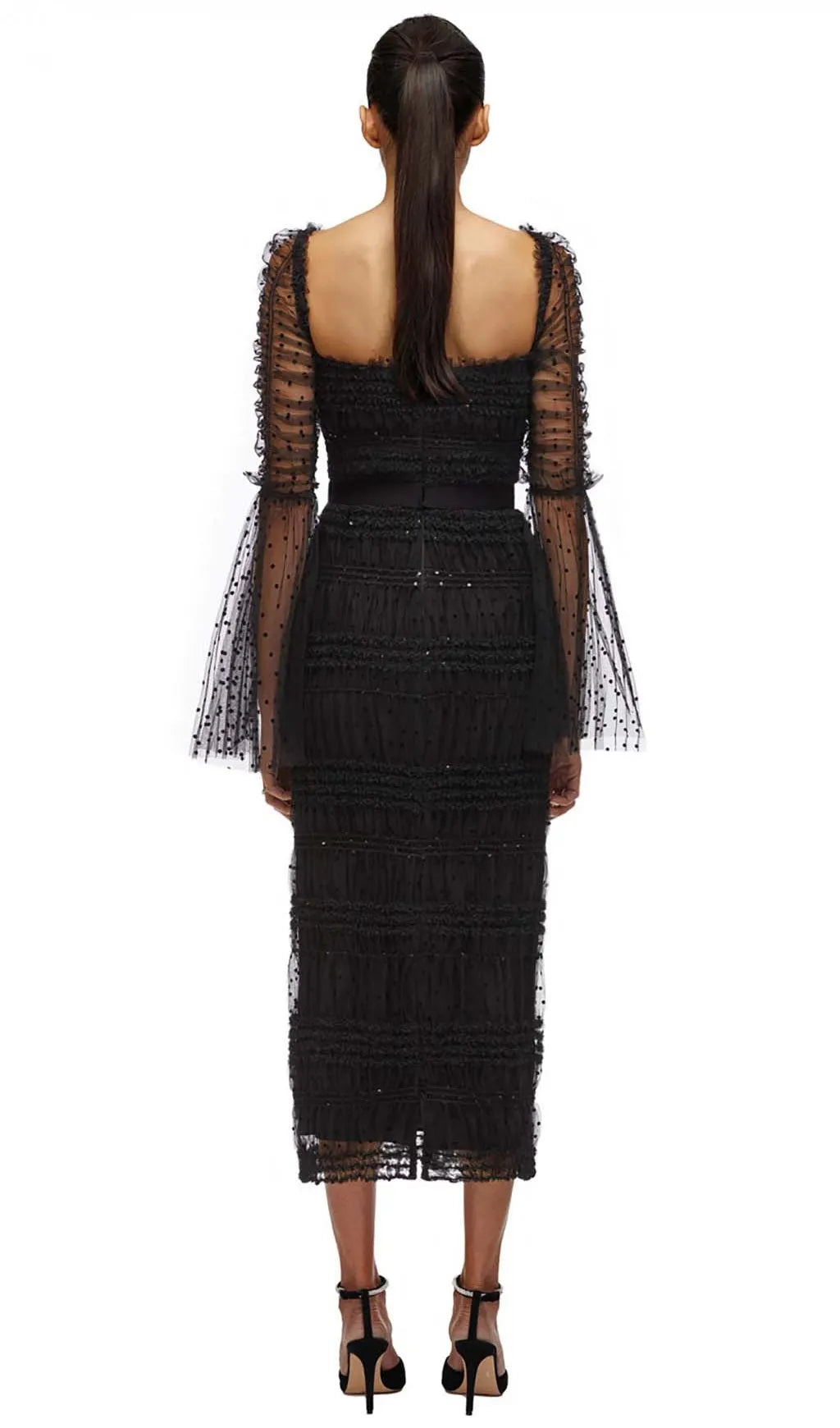 Dot Mesh Midi Dress In Black Flowering Girl