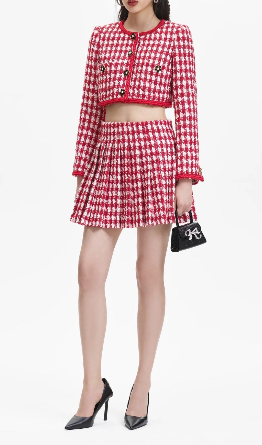 RED CHECK BOUCLE PLEATED MINI SKIRT Flowering Girl