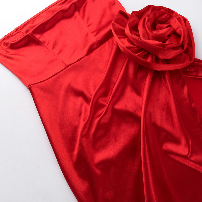 Strapless Flower Satin Midi Dress Flowering Girl