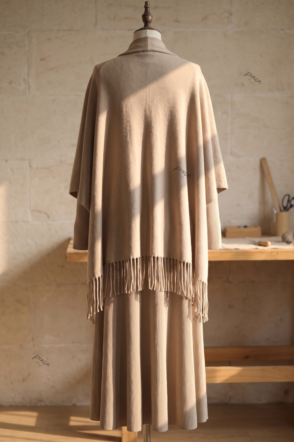 Beige Ribbed Knit Two-Piece Dress and Fringed Shawl Set Flowering Girl
