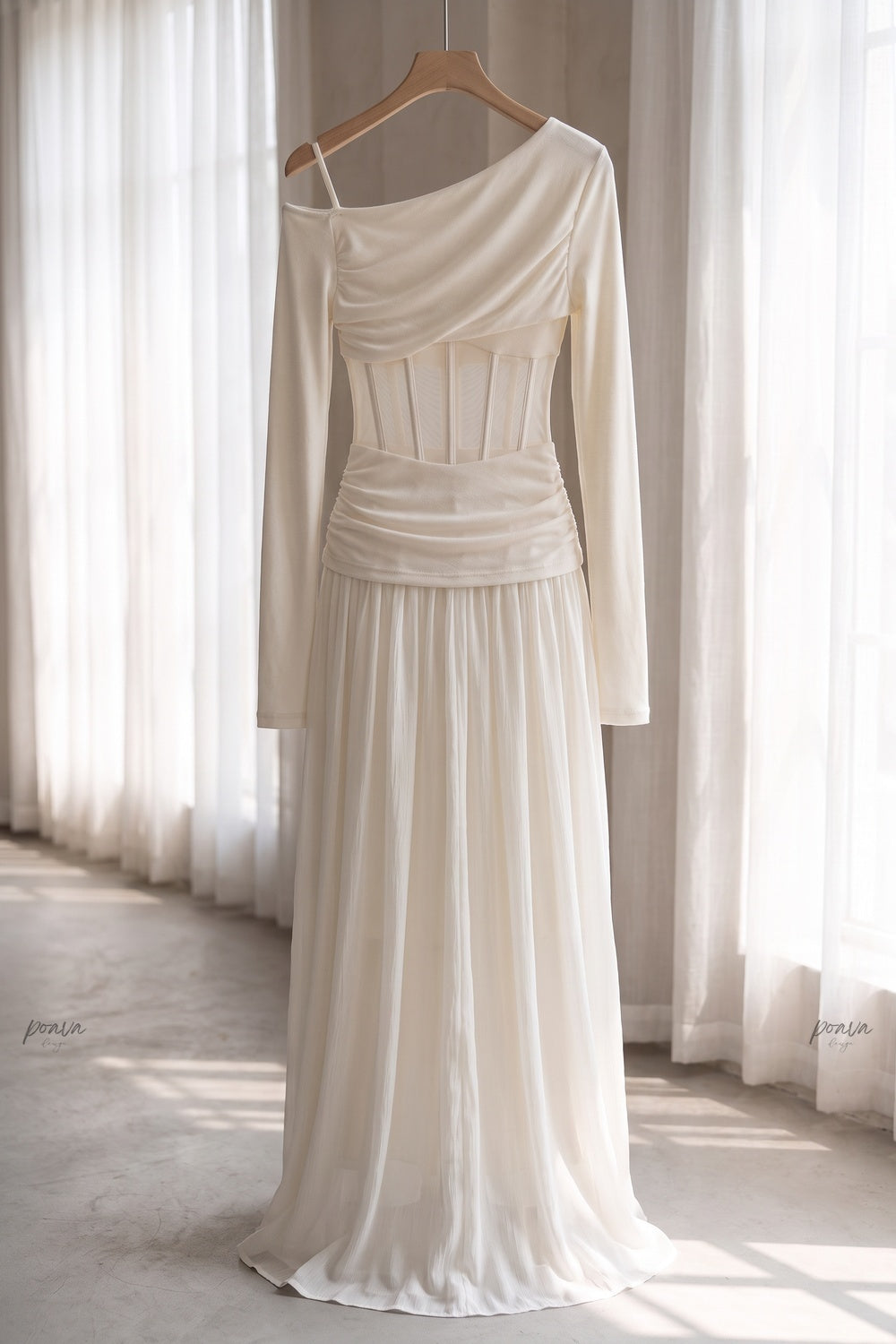 Cream Asymmetrical Off-The-Shoulder Maxi Dress with Sheer Corset Waist Flowering Girl