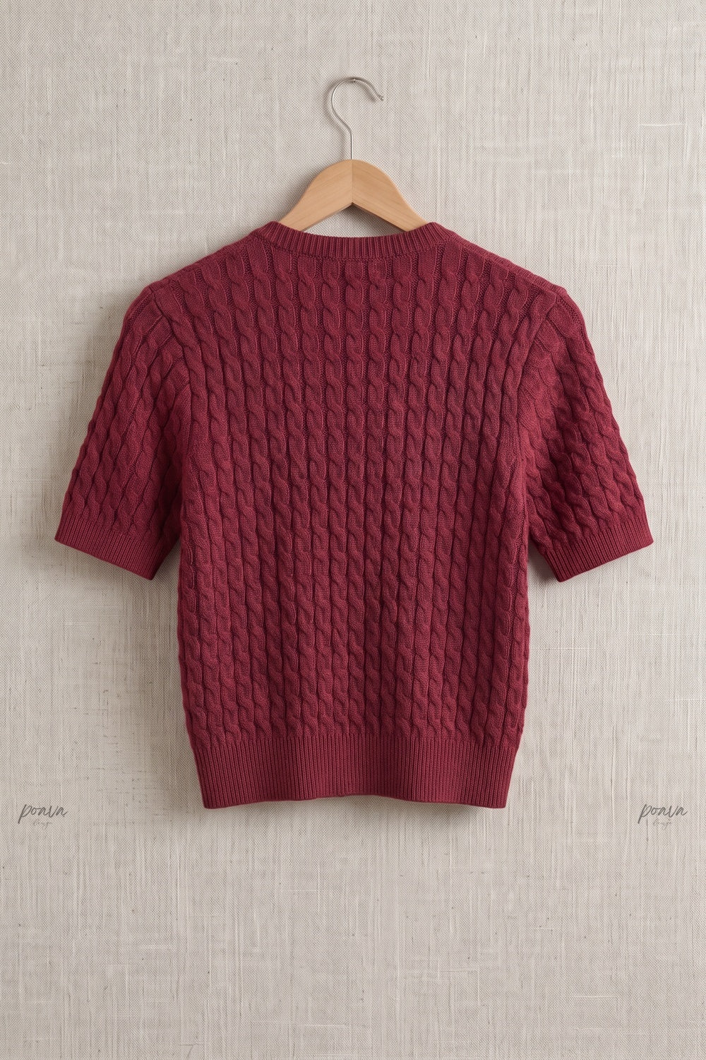 Burgundy Cable-Knit Wool Blend Fitted Short-Sleeve Cardigan Flowering Girl