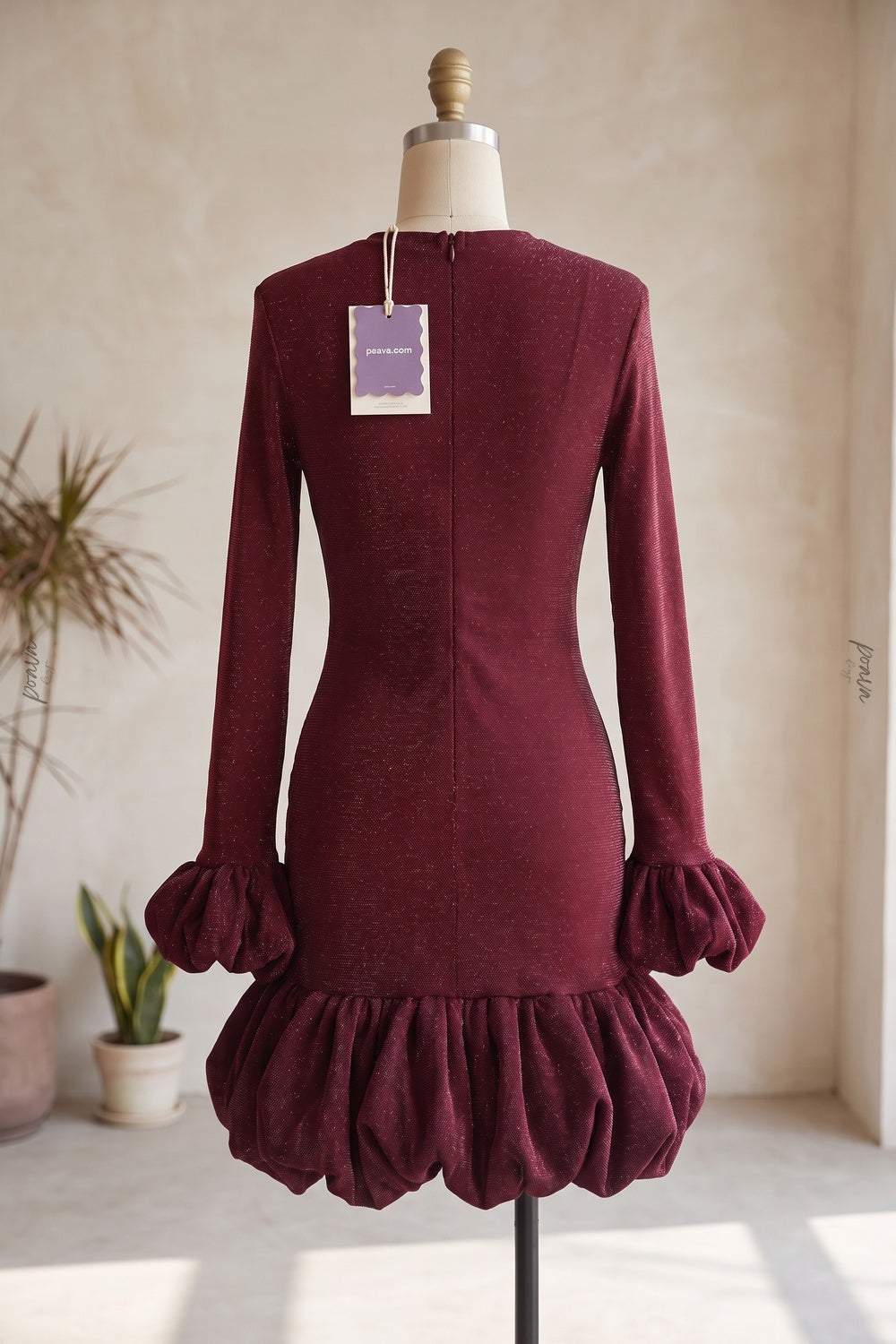 Burgundy Lurex Knit Fitted Bodycon Dress with Voluminous Bubble Hem Flowering Girl
