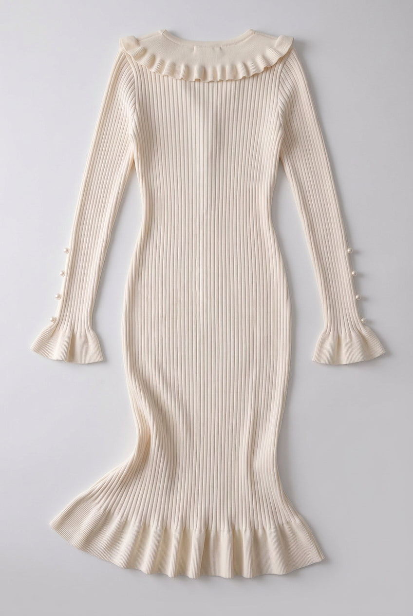 Cream Ribbed Knit Fitted Sheath Midi Dress with Ruffle Trim Flowering Girl