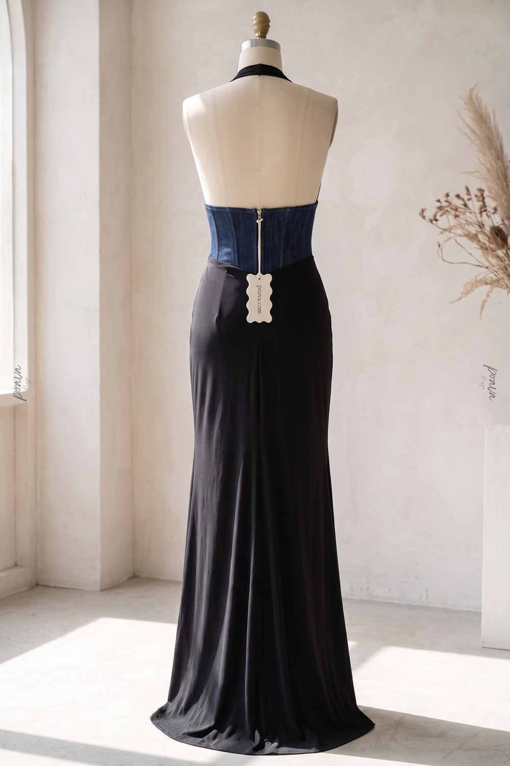 Black Two-Tone Halter Gown with Structured Corset Waist and High Slit Flowering Girl