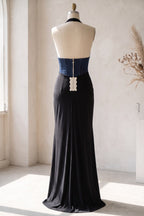 Black Two-Tone Halter Gown with Structured Corset Waist and High Slit Flowering Girl
