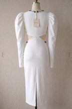 White Heavy Crepe Column Maxi Dress with Puff Shoulders and Crystal Cutouts Flowering Girl