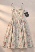 Pale Sage Green Structured Woven Cotton or Jacquard Fit-and-Flare Dress Flowering Girl