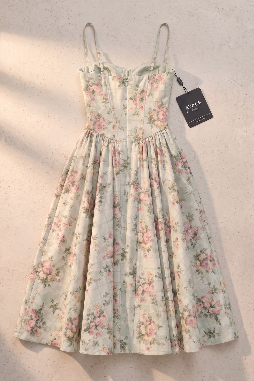 Pale Sage Green Structured Woven Cotton or Jacquard Fit-and-Flare Dress Flowering Girl