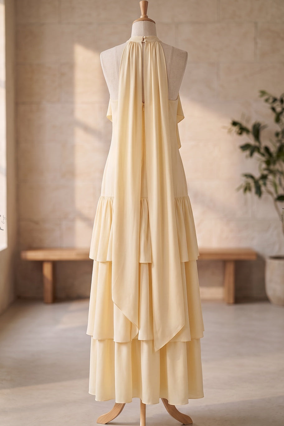 Pale Yellow Tiered A-Line Maxi Dress with Cascading Ruffles Flowering Girl