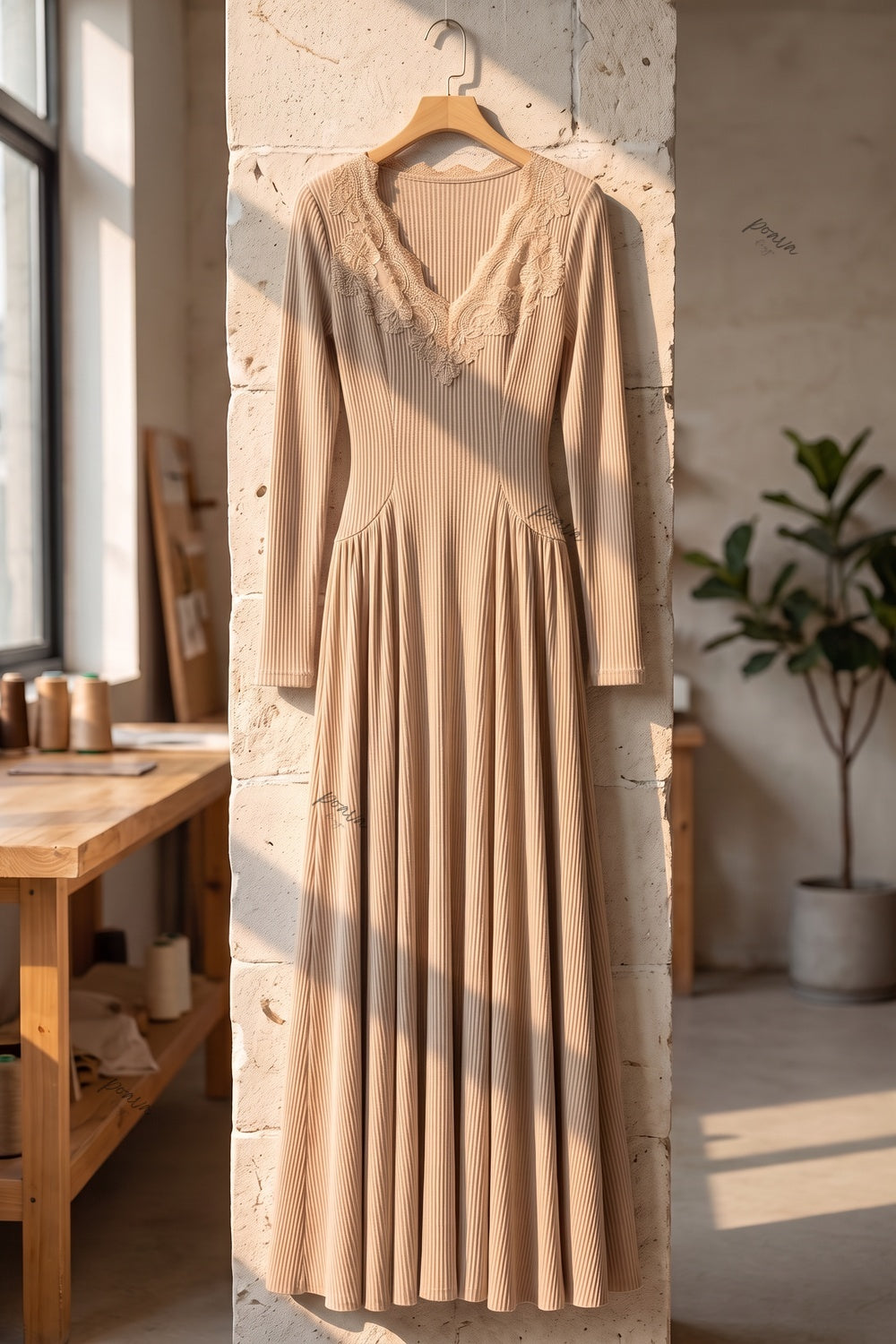 Beige Ribbed Knit A-Line Maxi Dress with Lace Applique Flowering Girl