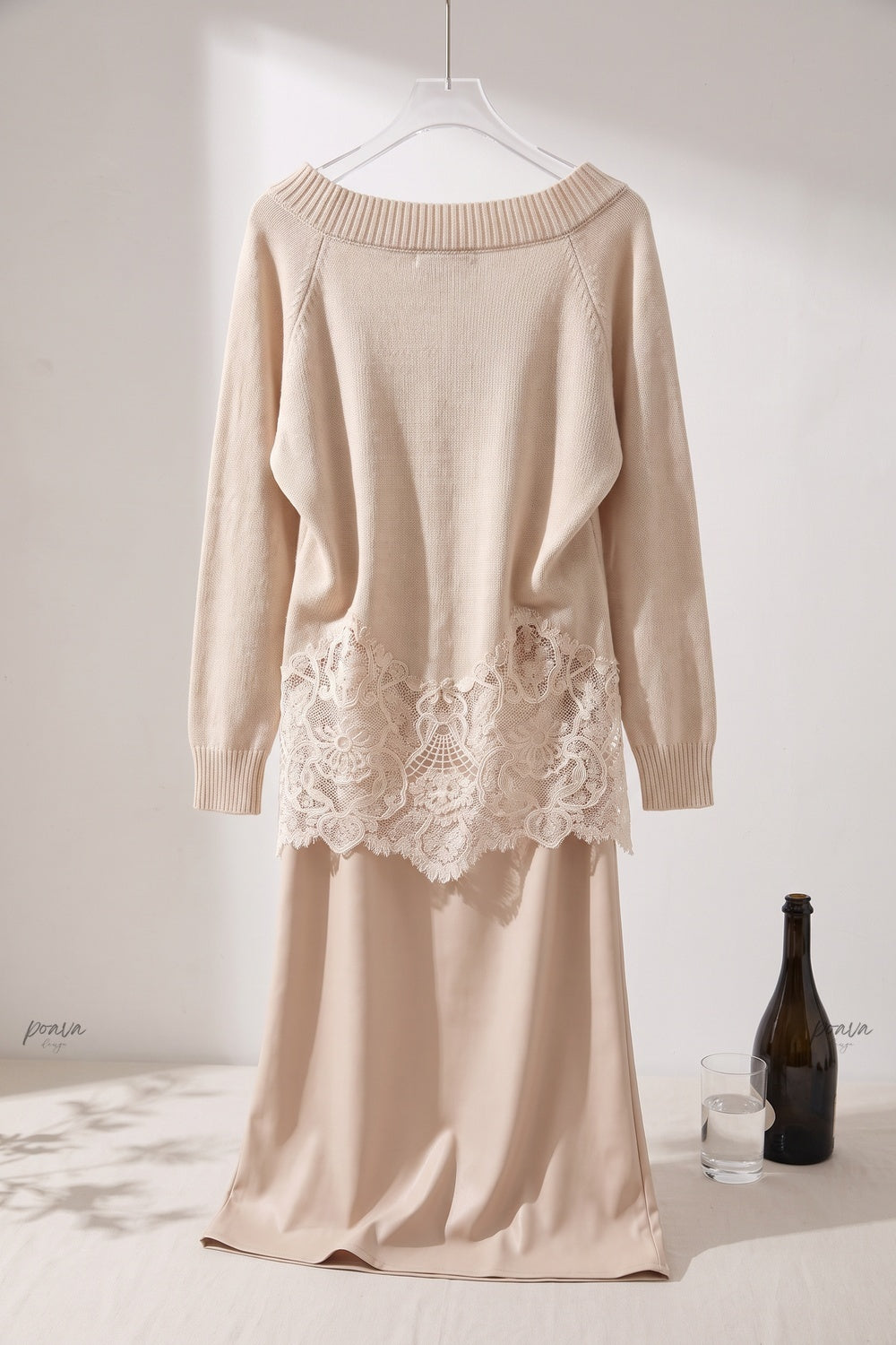 Beige Off-the-Shoulder Knit Top & Satin Midi Skirt Two-Piece Set Flowering Girl