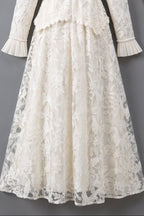 Ivory Floral Embroidered Lace A-line Maxi Dress with Tiered Waist Overlay Flowering Girl