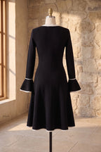 Black Heavy Compact Knit Fit-and-Flare Dress with White Scalloped Trim Flowering Girl