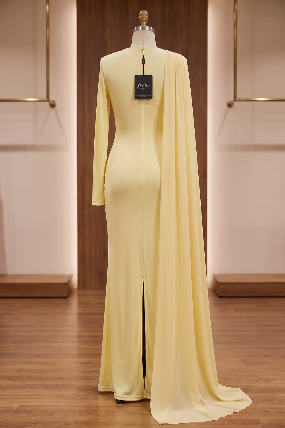 Pale Yellow Fine Stretch Knit Column Evening Gown with Asymmetric Draped Cape Flowering Girl