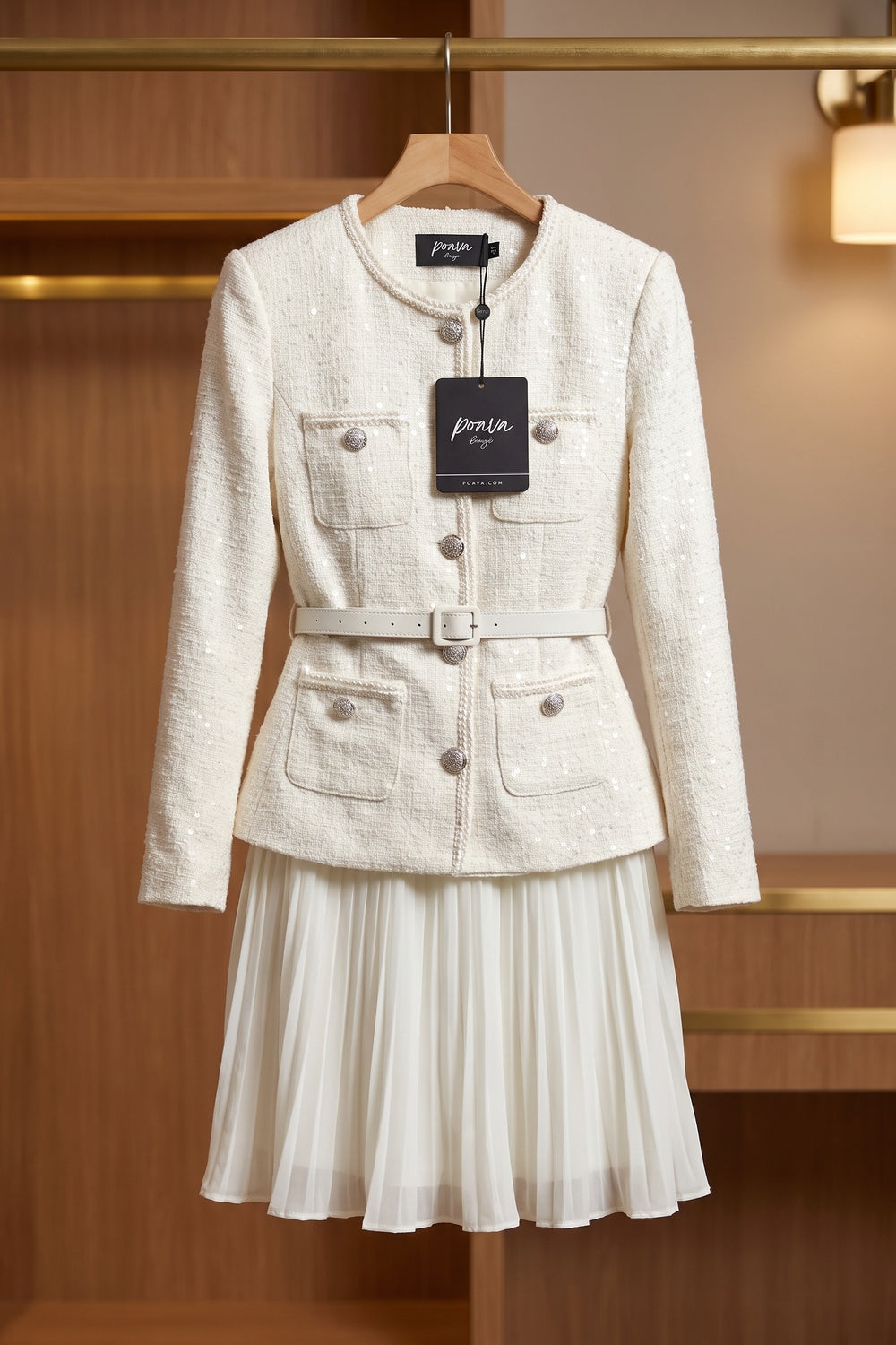 Off-White Tweed Skirt Suit Set with Peplum Jacket and Pleated Mini Skirt Flowering Girl