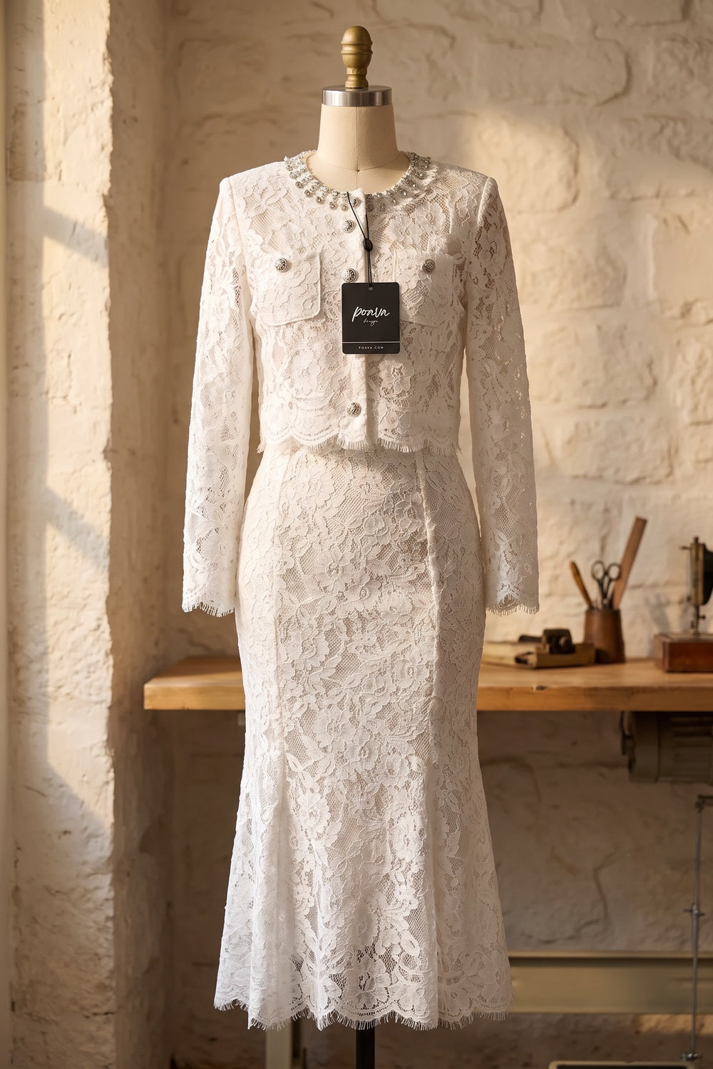 White Floral Corded Lace Two-Piece Skirt Suit Flowering Girl