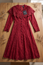Deep Red Embroidered Floral Lace A-Line Midi Dress Flowering Girl