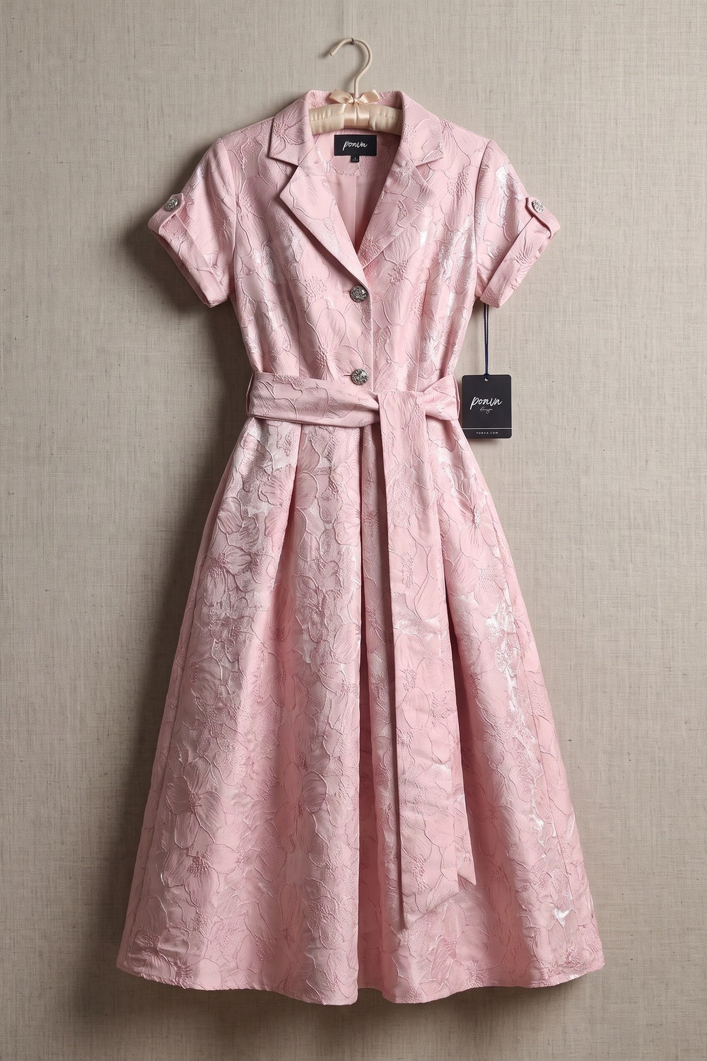 Pale Pink Floral Jacquard Fit-and-Flare Midi Dress with Metallic Sheen Flowering Girl