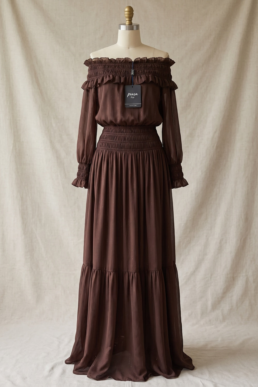 Chocolate Brown Textured Chiffon Blouson Maxi Dress with Tiered Skirt Flowering Girl