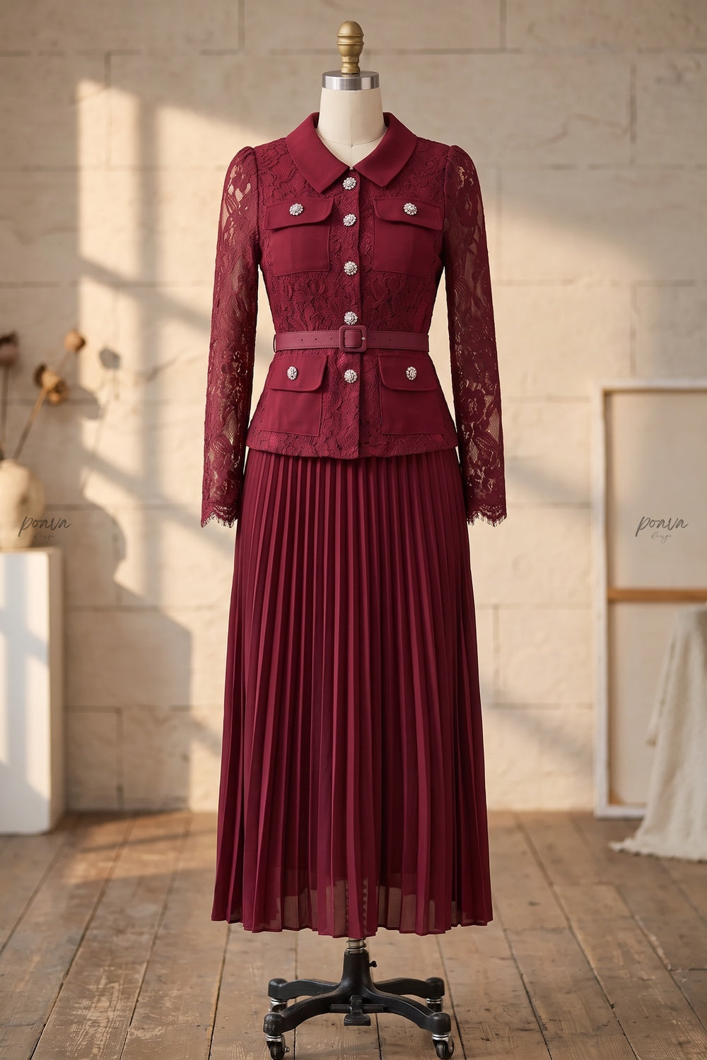 Burgundy Floral Lace Fitted Belted Jacket with Peplum and A-Line Pleated Skirt Two-Piece Set Flowering Girl