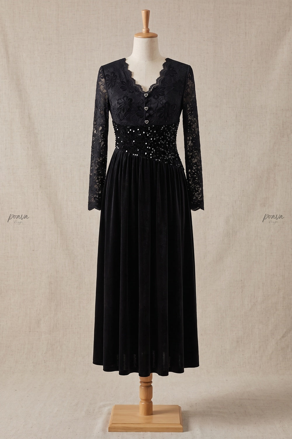 Black Velvet A-Line Midi Dress with Floral Lace and Sequin Waist Flowering Girl