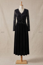 Black Velvet A-Line Midi Dress with Floral Lace and Sequin Waist Flowering Girl