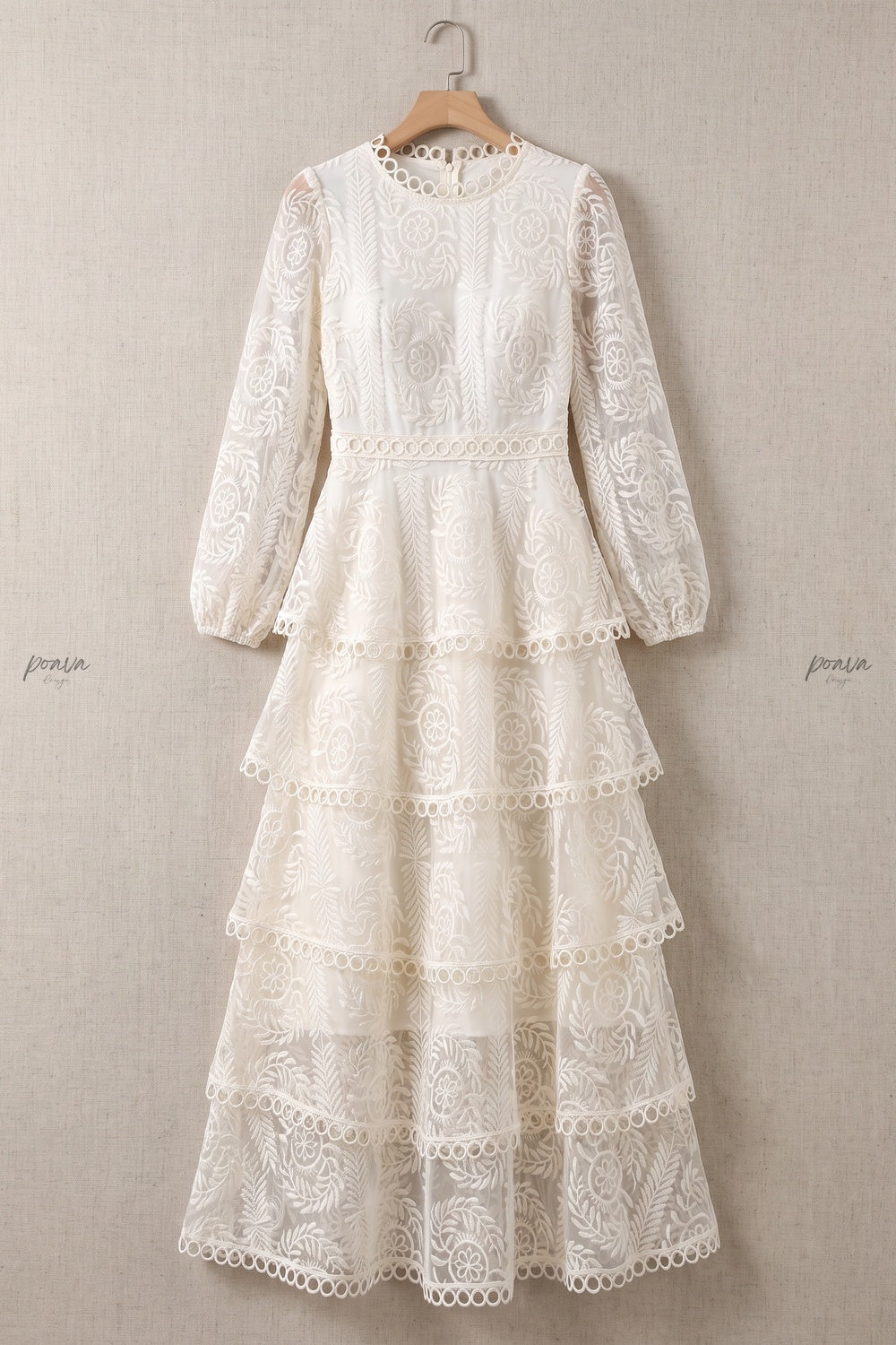 Off-white embroidered lace on mesh base tiered A-line maxi dress Flowering Girl