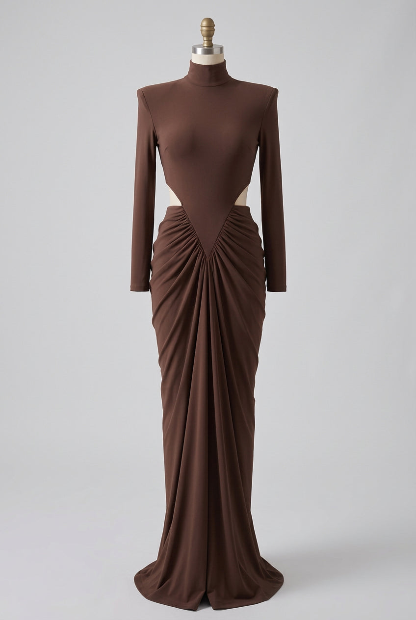 Chocolate Brown Matte Jersey Column Gown with Structured Shoulders Flowering Girl