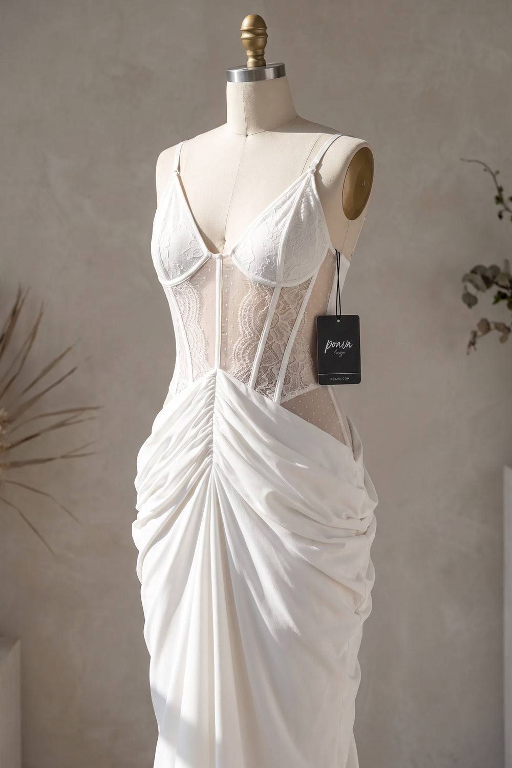 White Crepe Maxi Dress with Corset Lace Bodice and Draped Skirt Flowering Girl