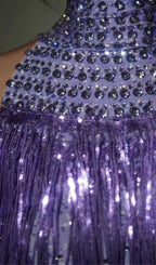 Lakendra Long Sleeve Crystal Fringe Bodysuit In Purple Flowering Girl