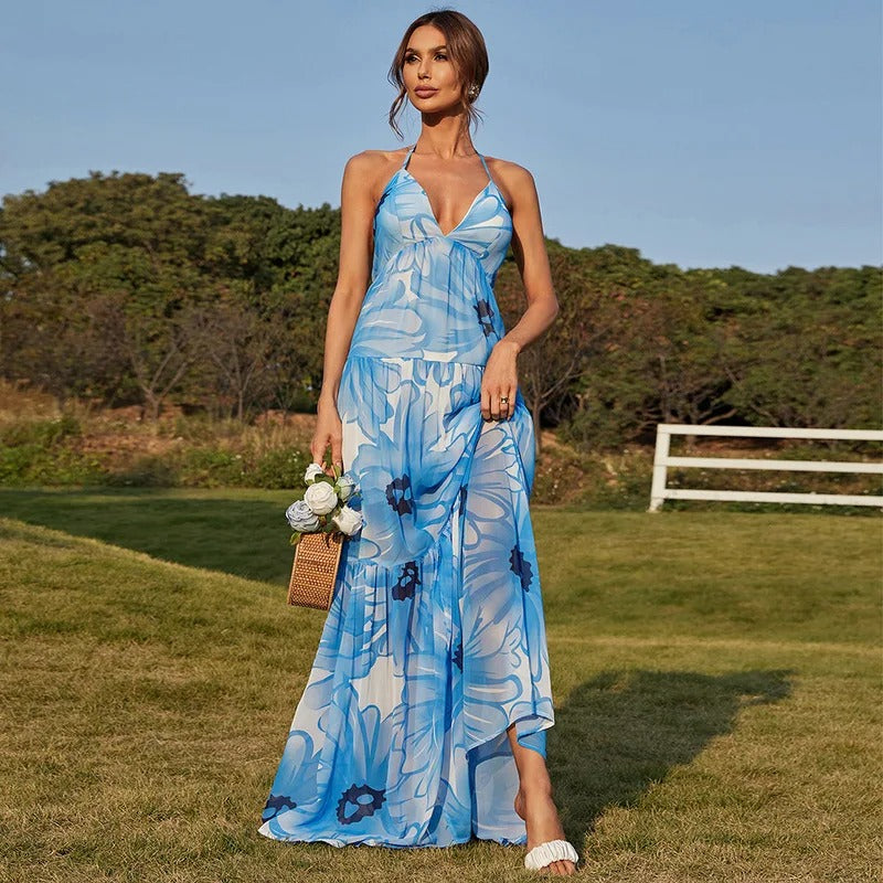 Blue & White Floral Print Halter Neck Tiered Maxi Dress Flowering Girl